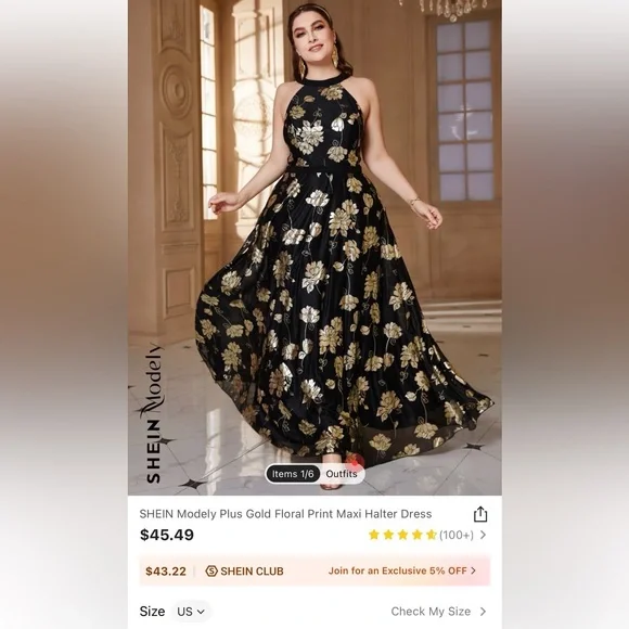 SHEIN | Dresses | Gold Floral Print Maxi Halter Dress | Poshmark